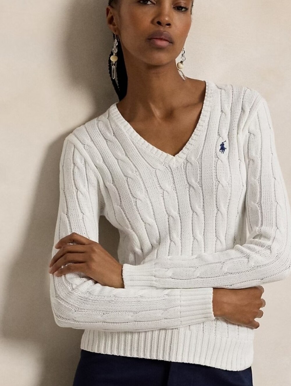 Vintage Ralph Lauren Sport Cream Cable Knit V-Neck Sweater - Size M